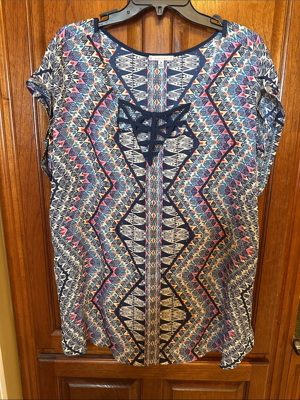 Printed Lace-Up Front Blouse in Navy and Multi